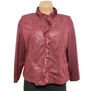 ELEMENTZ Maroon Suede-Feel Embossed Jacket Women's‎ XL Full Zip Ruffle Metallic